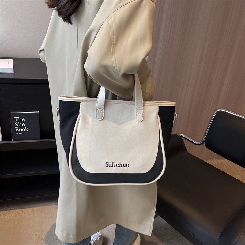 Túi tote Hình Vuông Bằng Vải Bạt Màu Tương Phản Thời Trang Hàn Quốc Cho Nữ