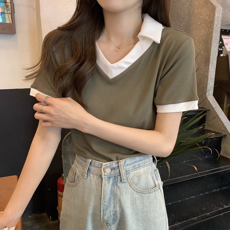 Áo polo SUXI tay ngắn cổ chữ V dáng ôm thời trang mùa hè dễ phối đồ cho nữ