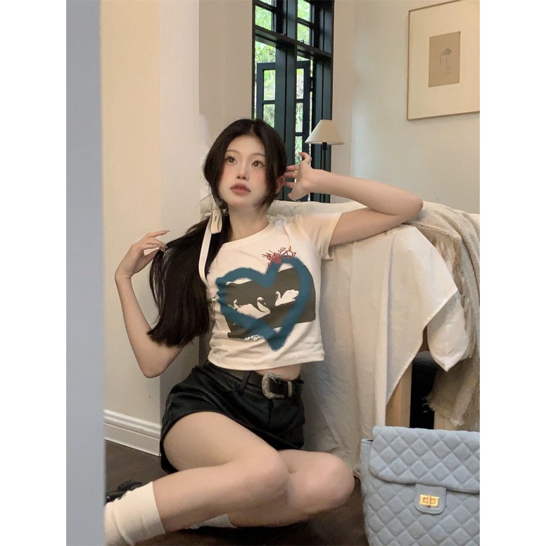Áo baby tee Thun croptop nữ Ngắn Tay Cổ Tròn Dáng Ôm In Họa Tiết Trái Tim Thời Trang Mùa Hè Hàng Mới Dành Cho Bạn Nữ