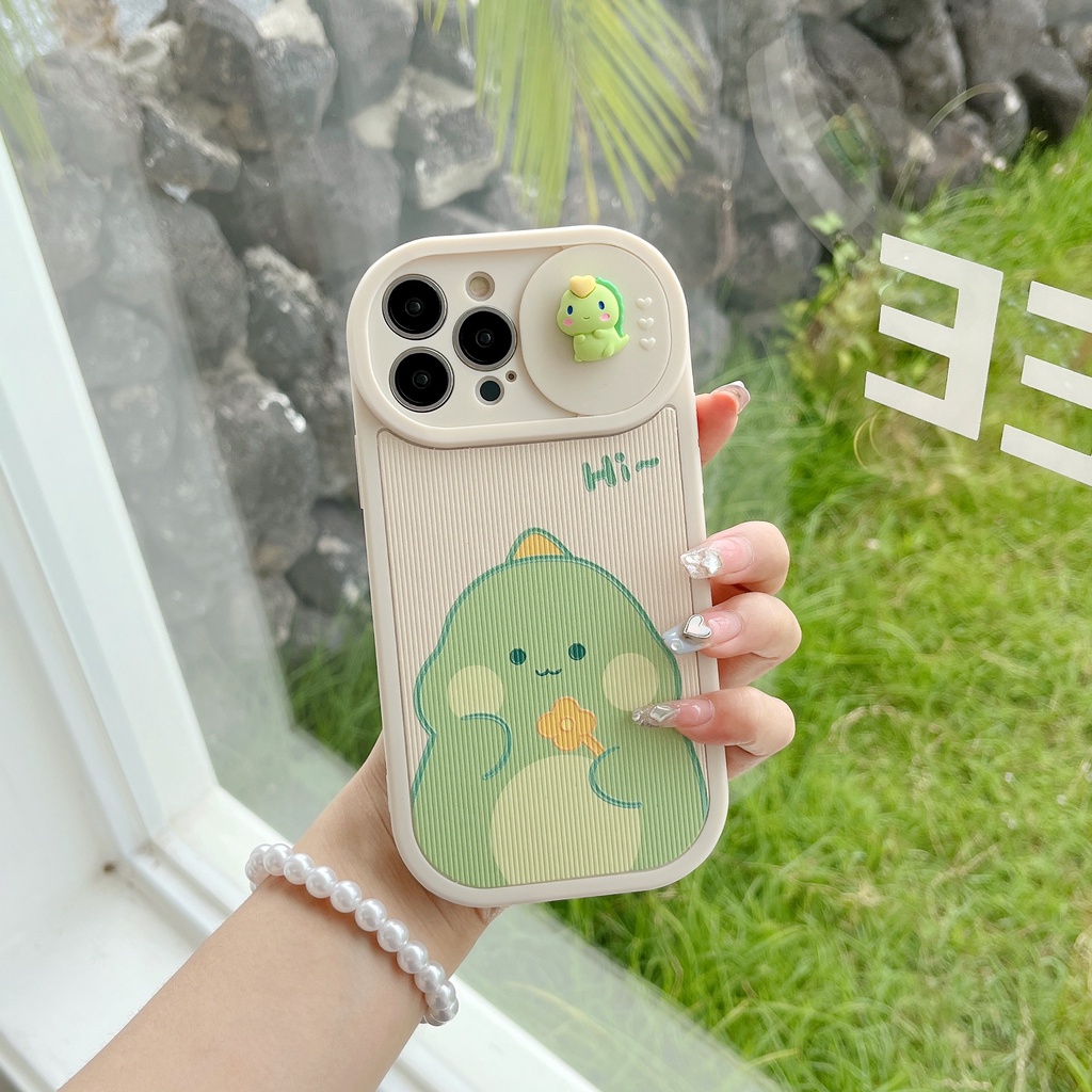 Ốp Điện Thoại Silicon TPU Mềm Hình Khủng Long Hoạt Hình 3D Có Nắp Trượt Bảo Vệ Camera Cho iPhone 13 12 11 Pro Max 14 Plus