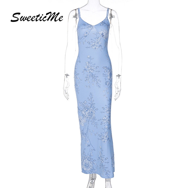 Đầm Dài Không Tay Hở Lưng Cổ Chữ V In Họa Tiết Hoa Thời Trang Mới 2023 Cho Nữ