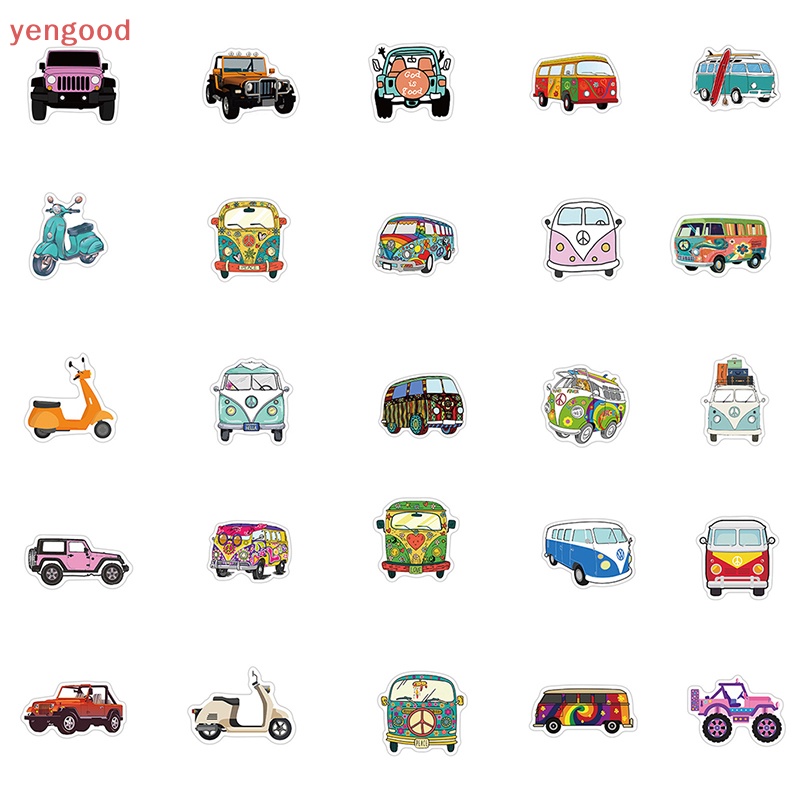 Set 50 Miếng Dán Trang Trí Xe Buýt Laptop Hành Lý Phong Cách Retro Hippie