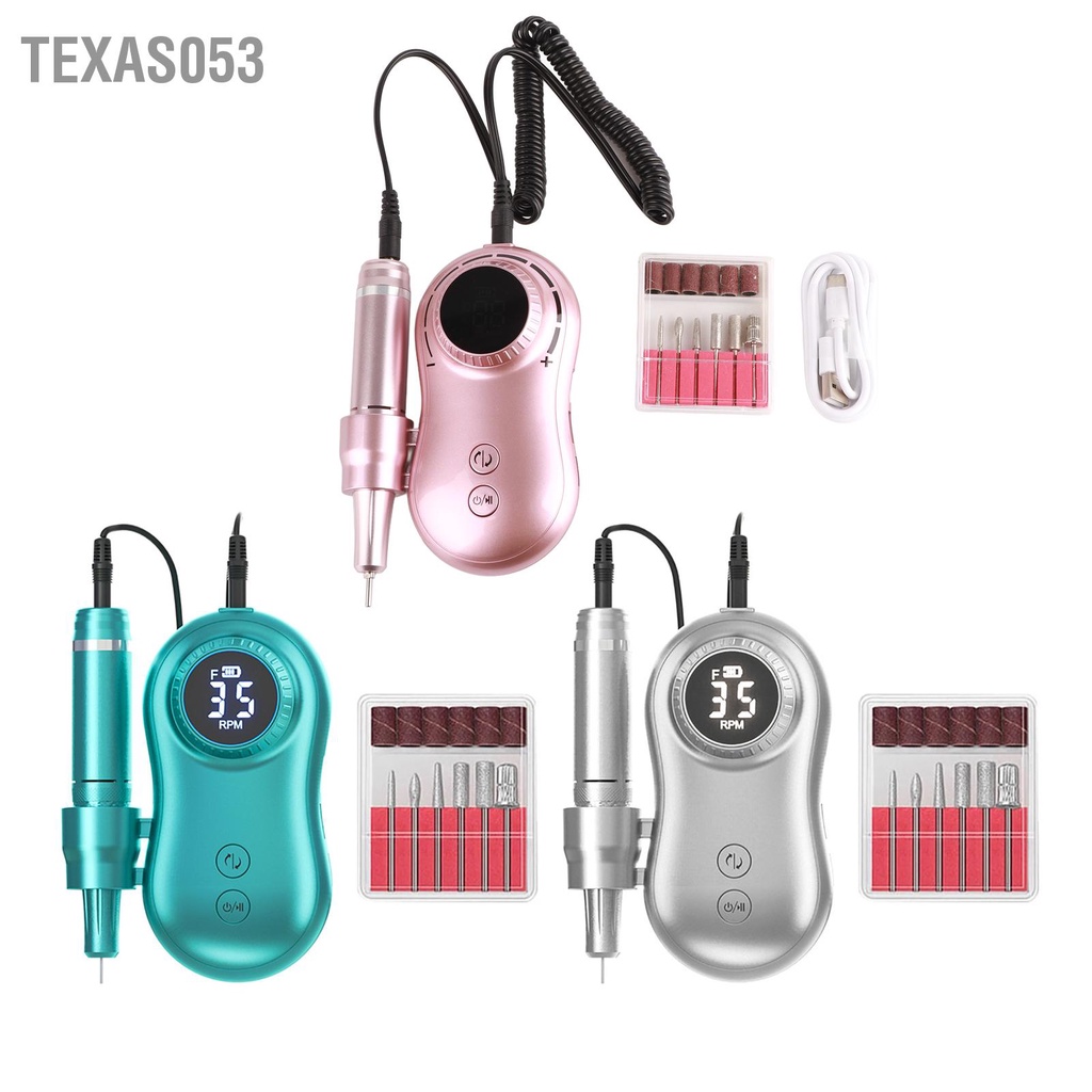 Texas053 Máy khoan móng tay 35000RPM Màn hình LCD đánh bóng điện có thể sạc lại USB với 6 bit