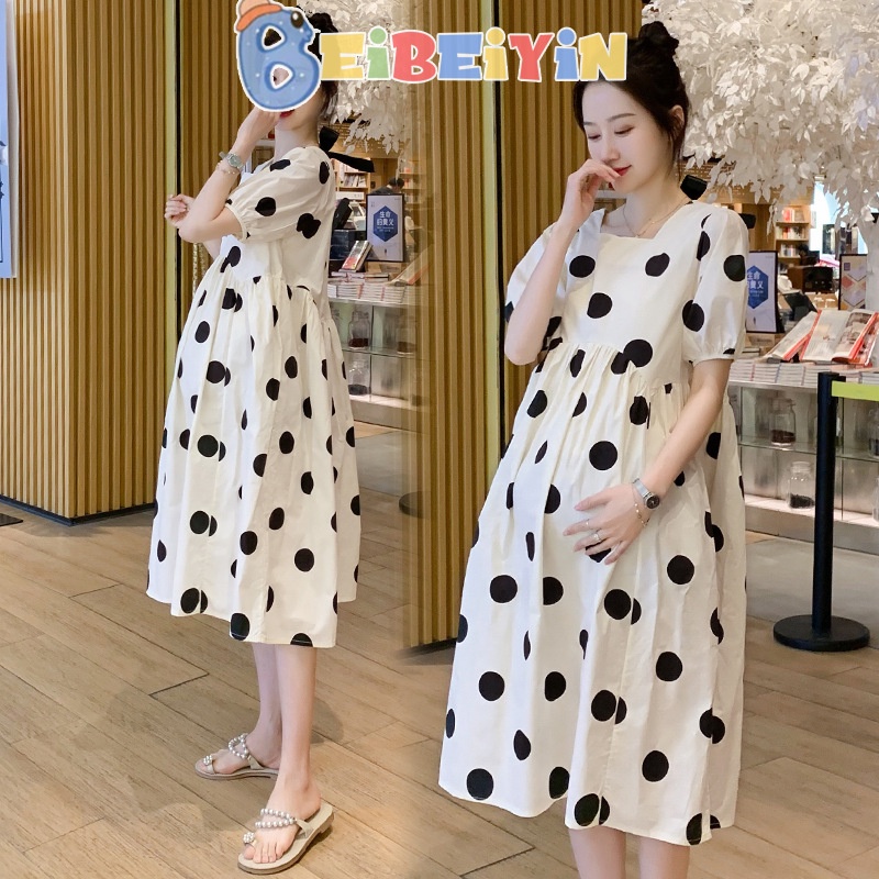 Đầm bầu BEIBEIYIN cổ vuông dáng rộng họa tiết chấm bi thời trang mùa hè