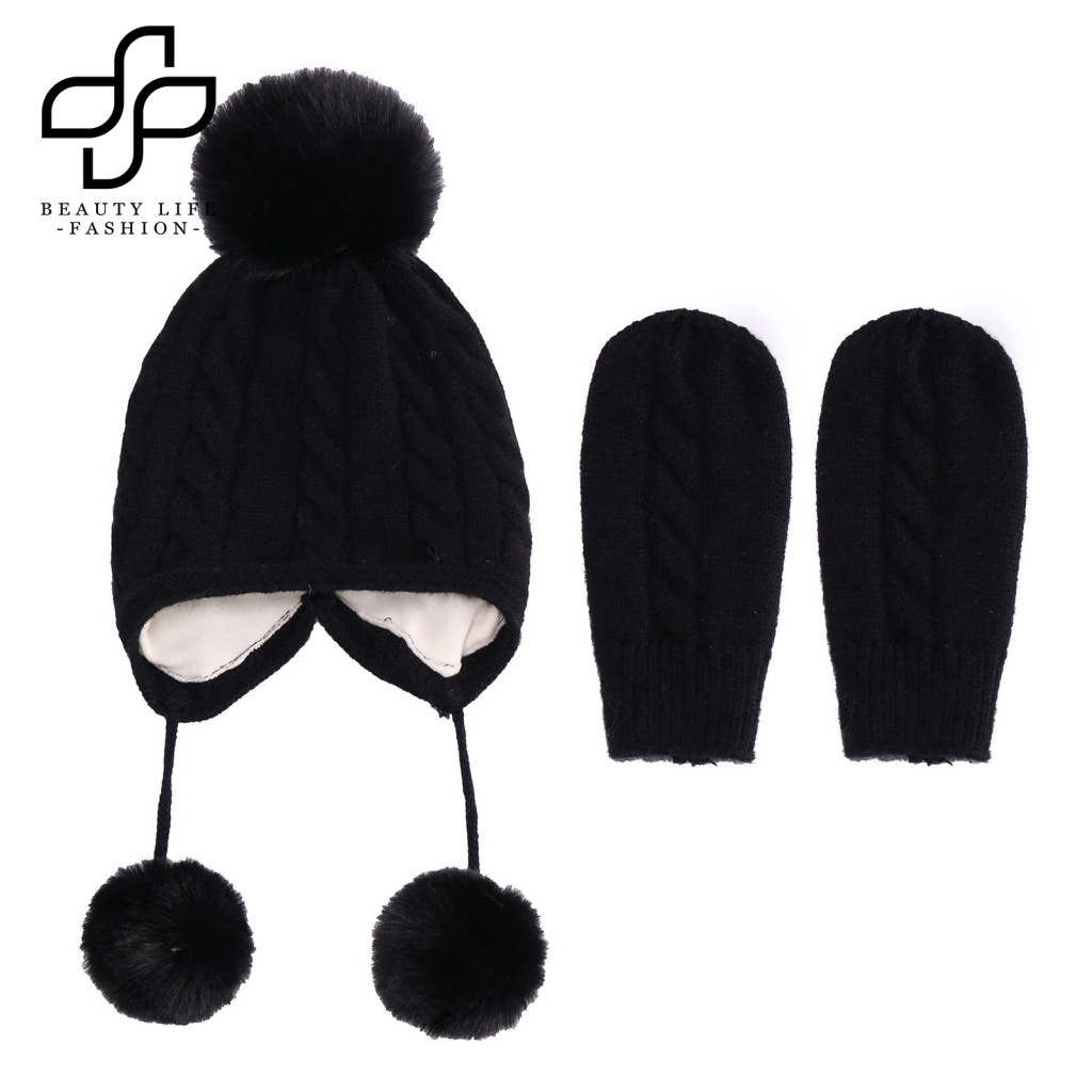 Bộ 2 Găng Tay + Mũ + Găng Tay Dệt Kim Màu Trơn Giữ Ấm Co Giãn Dành Cho Trẻ Em