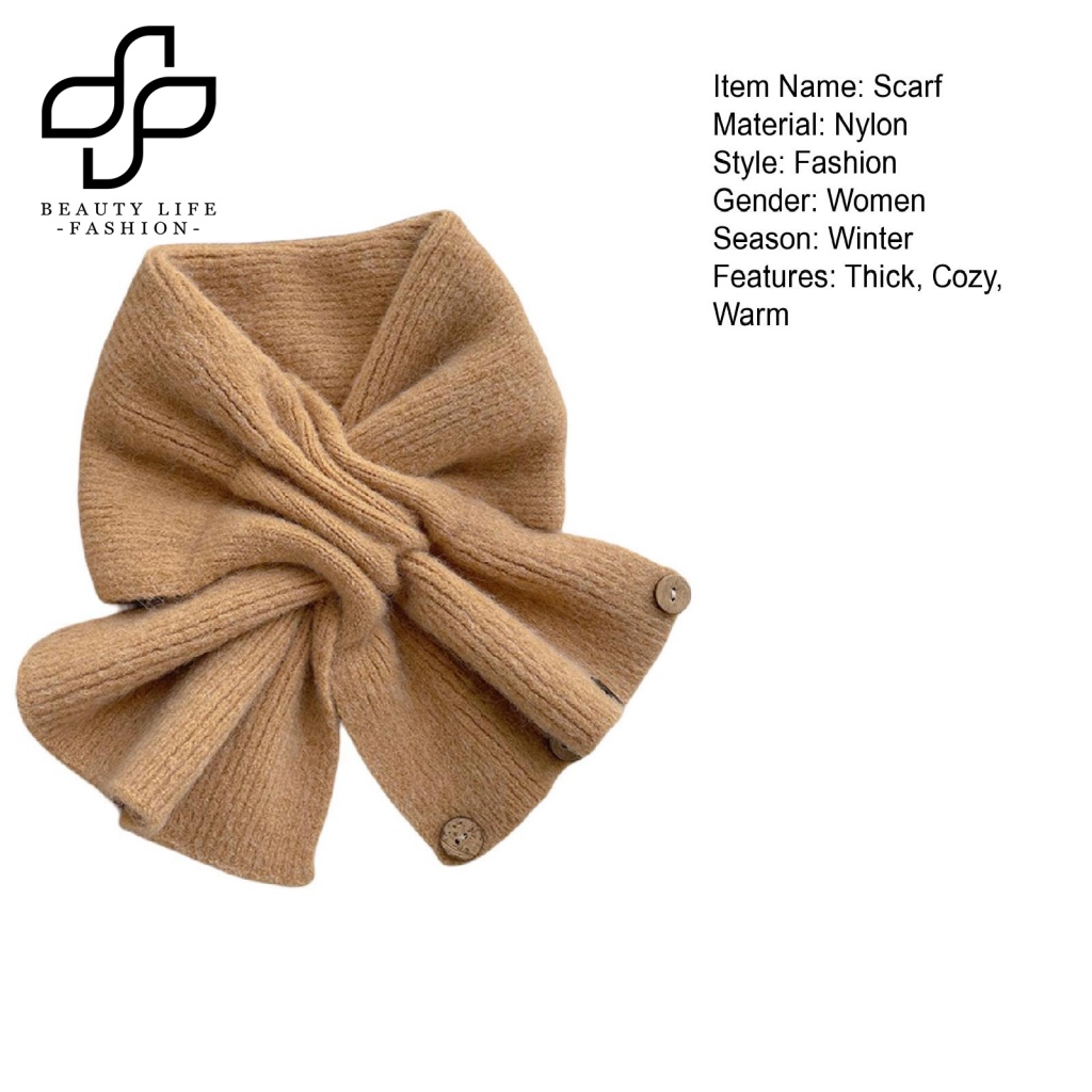 Khăn Choàng Dệt Kim Màu Trơn Co Giãn Giữ Ấm Mùa Đông Có Nút Cài Trang Trí Cho Nữ