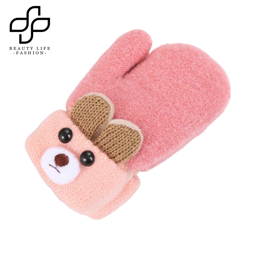 Găng Tay Len Hai Lớp Đính Tai Gấu Hoạt Hình Dễ Thương Cho Bé 0-3 Tuổi