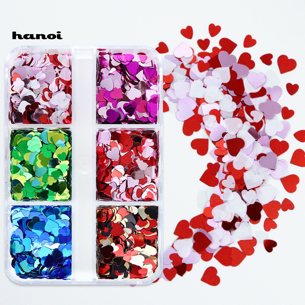 1 Hộp Kim Sa Phản Quang 6 Ngăn Trái Tim Trang Trí Móng Tay DIY
