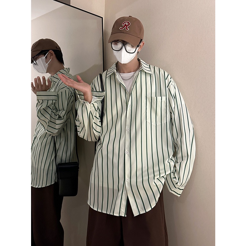 Áo Sơ Mi Nam Dài Tay Dáng Rộng Họa Tiết Kẻ Sọc Phong Cách Retro Nhật Bản