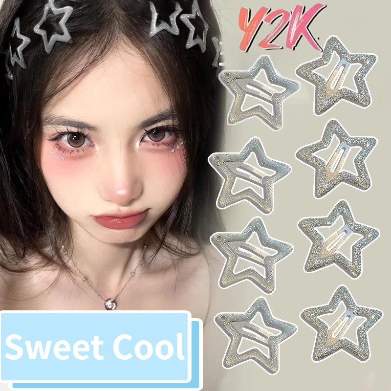 Kẹp Tóc Ngôi Sao / Giọt Nước Đính Kim Sa Lấp Lánh Màu Bạc Thời Thượng Y2k