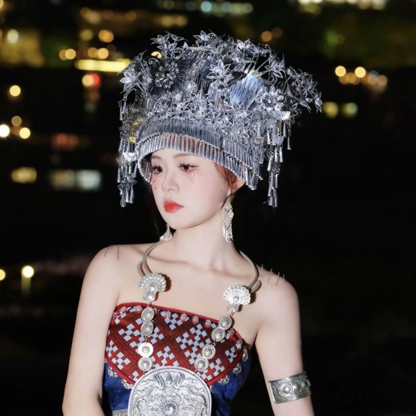 Mũ Đội Đầu Dân Tộc Miao Màu Bạc Phong Cách Dân Tộc Guangxi Yunnan Miao Hàng Mới