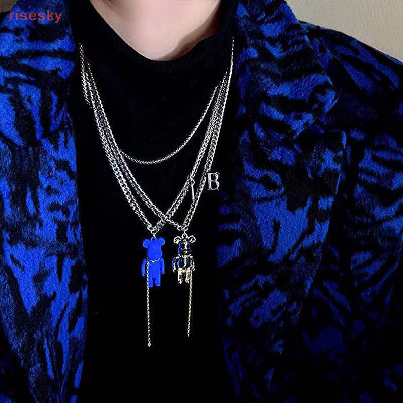 [risesky] Vòng cổ Hình Gấu Màu Xanh Dương Phong Cách Hip Hop Niche Cá Tính Cho Nam Và Nữ