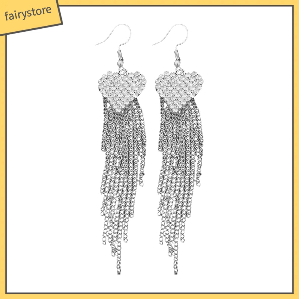 Bông Tai Dài Hình Trái Tim Đính Đá Lấp Lánh Thời Trang Cho Nữ