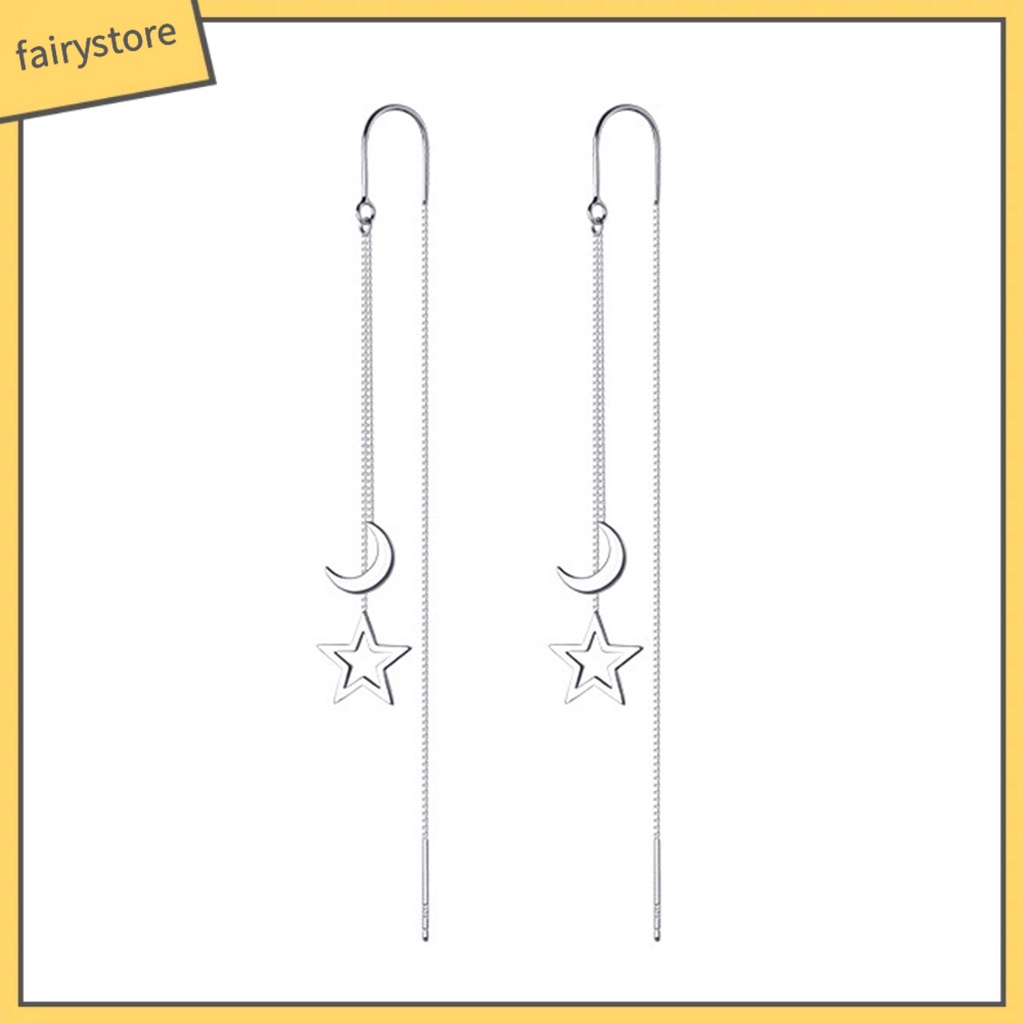 1 Đôi Bông Tai Bạc Dáng Dài Hình Ngôi Sao / Mặt Trăng Thời Trang Dành Cho Nữ