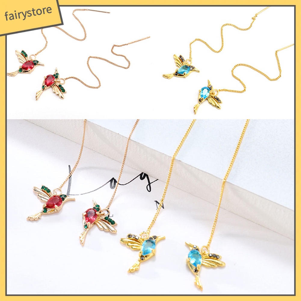 Bông Tai Dáng Dài Hình Chim Ruồi Đính Đá Phối Tua Rua Thời Trang Cho Nữ