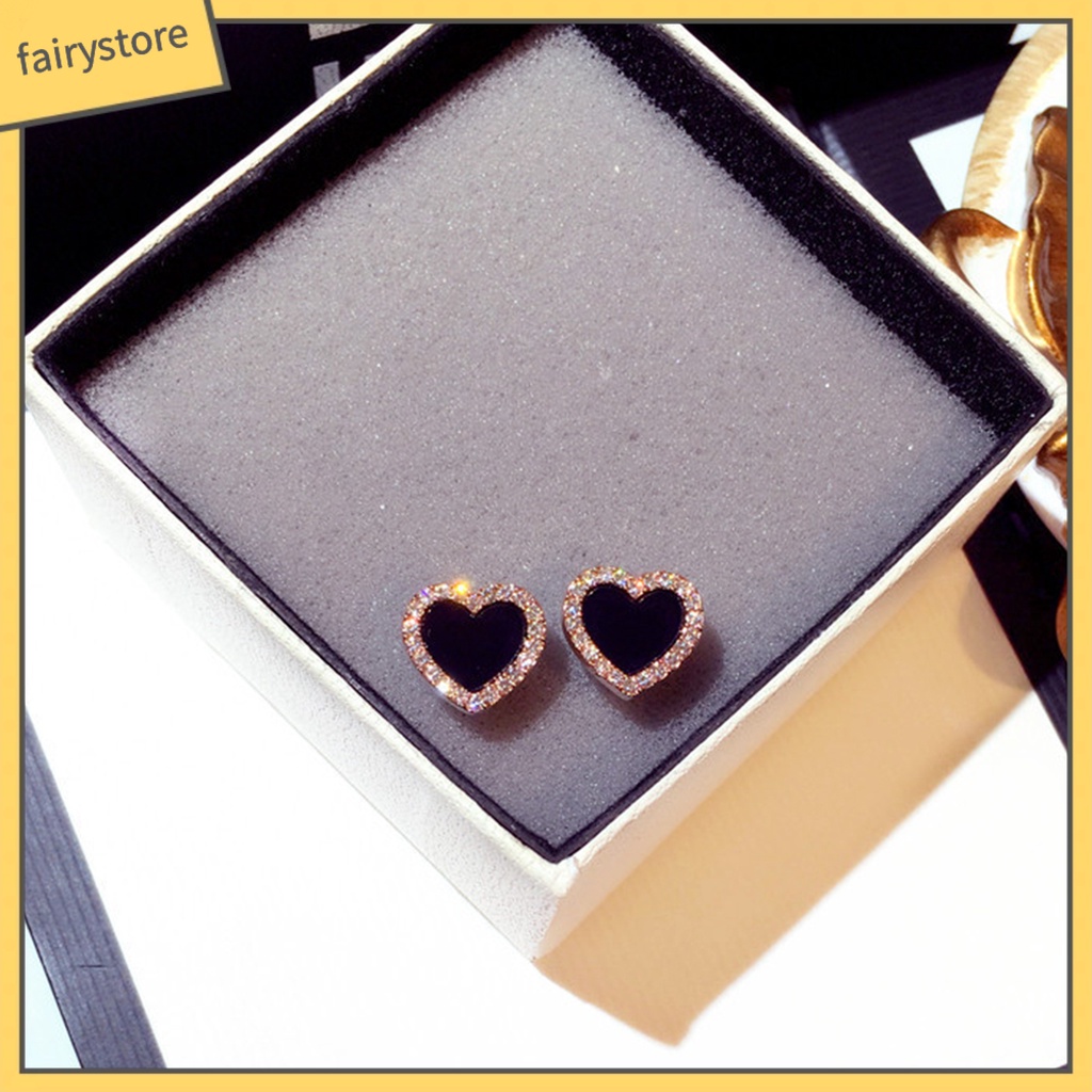 Bông Tai Hình Trái Tim Đính Đá Màu Đen Thời Trang Cho Nữ