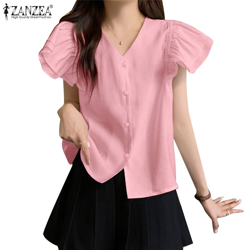 Zanzea Áo Kiểu Nữ Cộc Tay Cổ Chữ V Thời Trang Hàn