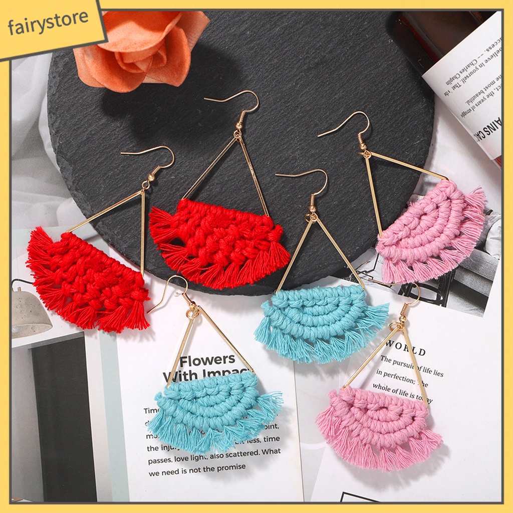 [FRO] 1 Đôi Bông Tai Móc Tua Rua Bện Khối Lượng Nhẹ Phong Cách Bohemia Đi Biển