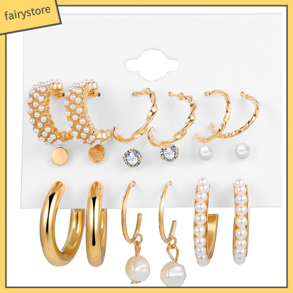 Set 9 Đôi Bông Tai Tròn Đính Đá / Ngọc Trai Giả Thời Trang Cho Nữ