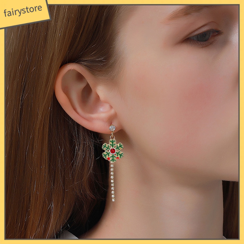 1 Cặp Bông Tai Tua Rua Hình Hoa Tuyết Đính Đá Trang Trí Giáng Sinh