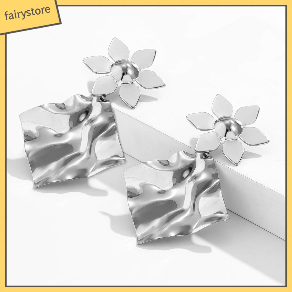 1 Đôi Bông Tai Hình Vuông Dáng Dài Xếp Ly Thiết Kế Bất Đối Xứng Thời Trang