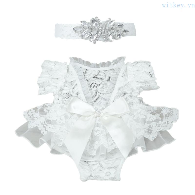 Bộ 2 Món Áo Liền Quần Phối Ren Đính Đá + Băng Đô Xinh Xắn Cho Bé Gái Sơ Sinh