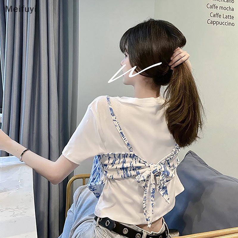 Áo Thun Ngắn Tay Cổ Tròn Giả Hai Lớp Nhuộm Màu Thời Trang Mùa Hè Cho Nữ