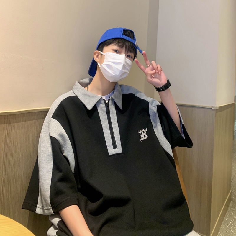 Áo Thun polo Ngắn Tay Form Rộng Màu Sắc Tương Phản Phong Cách Mỹ Thời Trang Mùa Hè Cho Nam