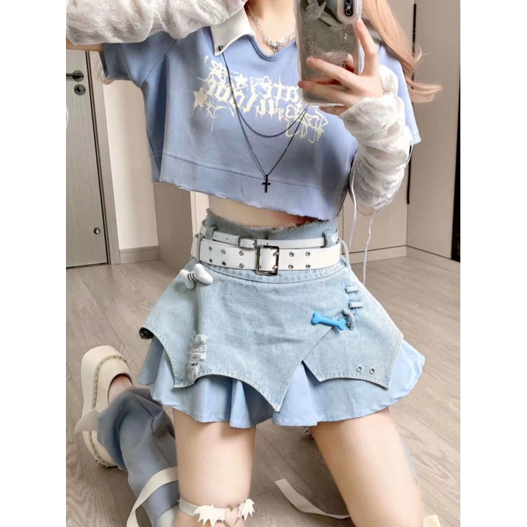 Y2k Chân Váy Jean Denim Y2k Millennium Lưng Cao Dáng Ngắn Thời Trang Mùa Hè Cho Nữ