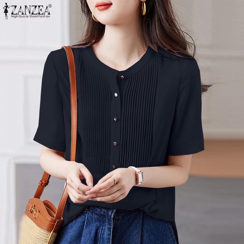 Zanzea Áo Sơ Mi Tay Ngắn Cổ Tròn Thời Trang Dành Cho Nữ