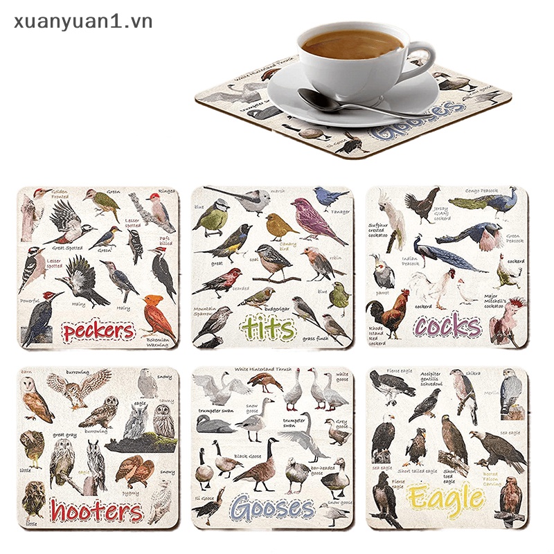 Xuan Set 6 Tấm Lót Ly Uống Nước Hình Vuông Họa Tiết Chim Pun