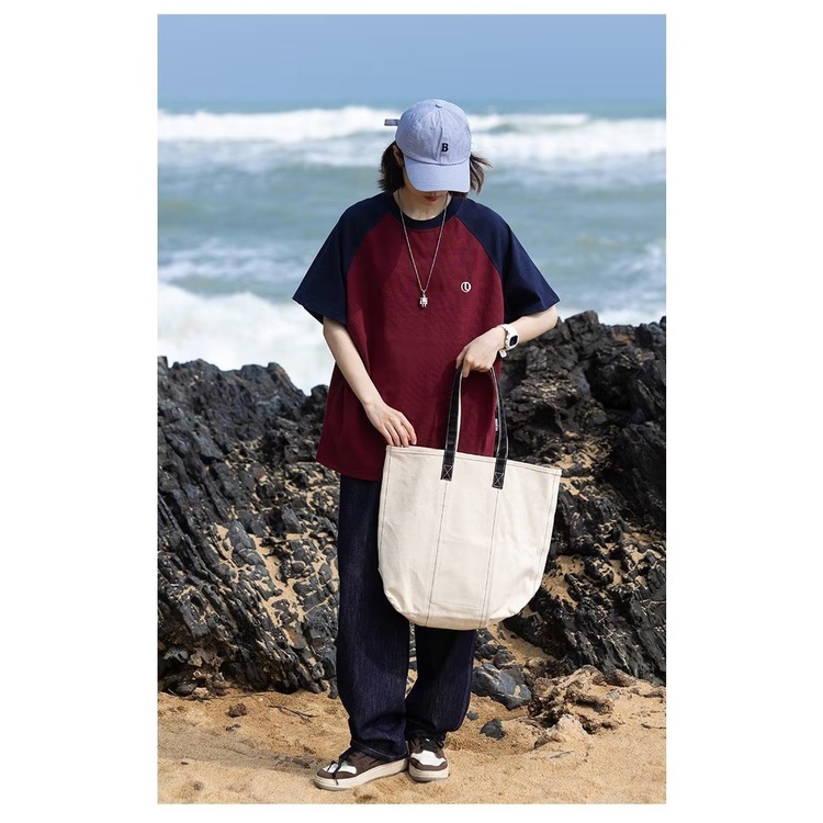 Áo Thun Raglan Tay Ngắn Dáng Rộng Màu Sắc Tương Phản Thời Trang Dành Cho Cặp Đôi