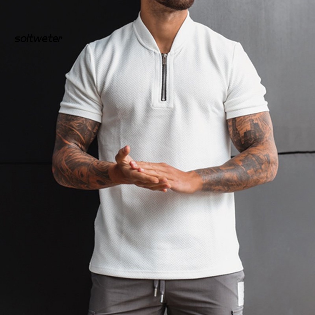 Áo Thun Tay Ngắn Cổ Đứng Màu Trơn Có Khóa Kéo Thời Trang Mùa Hè Cho Nam