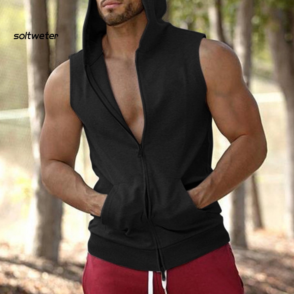 Áo Khoác Cardigan Sát Nách Có Nón Trùm Đầu Vải Mềm Thoáng Khí Màu Trơn Ôm Dáng Thời Trang Mùa Hè Cho Nam