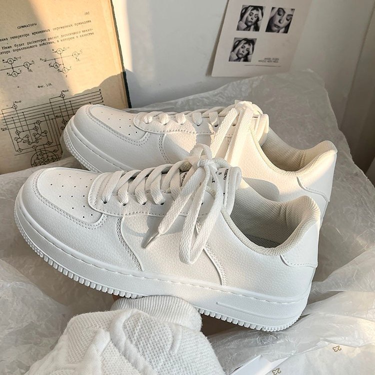 Giày Thể Thao Da PU Cao Su Màu Trắng Đầu Tròn Nhỏ Gọn Nhẹ Nhàng