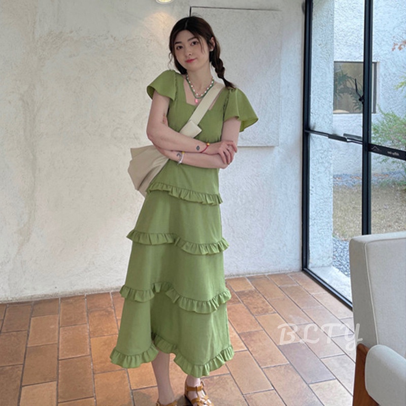 BLTY Đầm Dáng Chữ A Nhiều Tầng Màu Xanh Lá Nghệ Thuật Phong Cách Hàn Quốc Cho Nữ