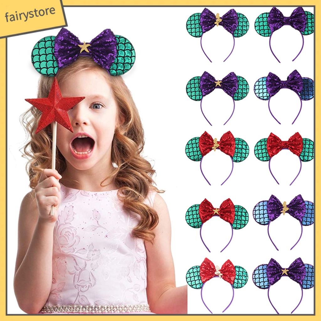 Băng Đô Cài Tóc Hình Tai Chuột Đính Kim Sa Lấp Lánh Màu Sắc Tương Phản Cho Bé Gái