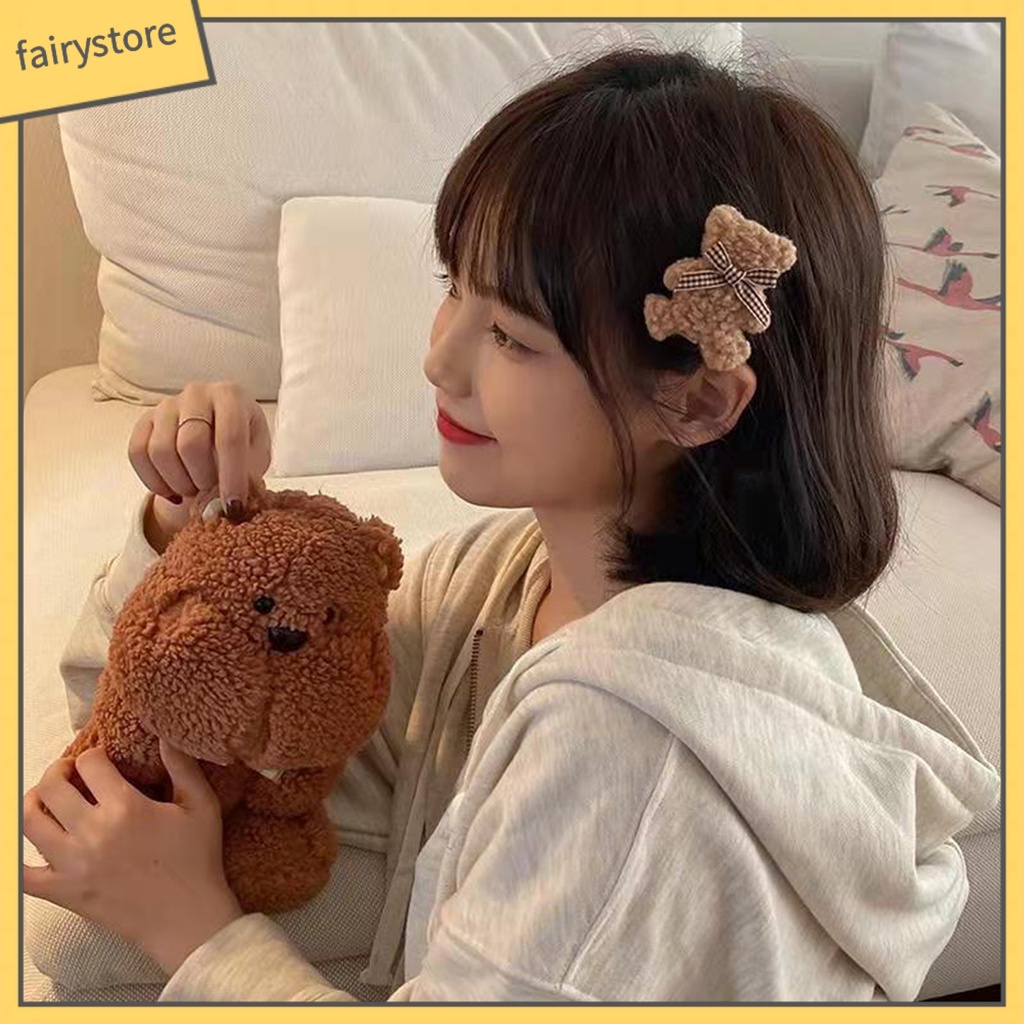 Kẹp Tóc Lông Xù Hình Gấu Dễ Thương Thời Trang Thu Đông Dành Cho Nữ