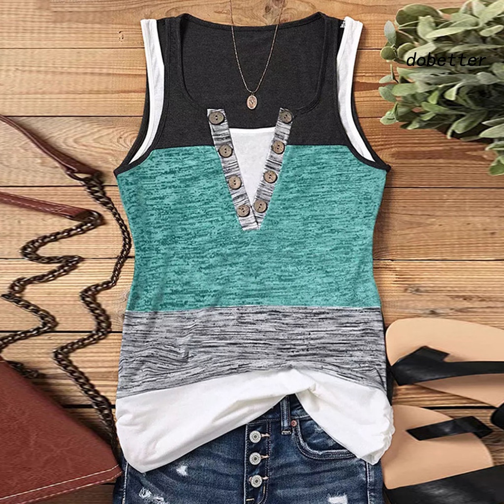 [DO] Áo Ba Lỗ Mềm Khoét Lỗ Cổ Chữ V Thoáng Khí Phối Màu Trang Trí Nút Thời Trang Mùa Hè Cho Nữ