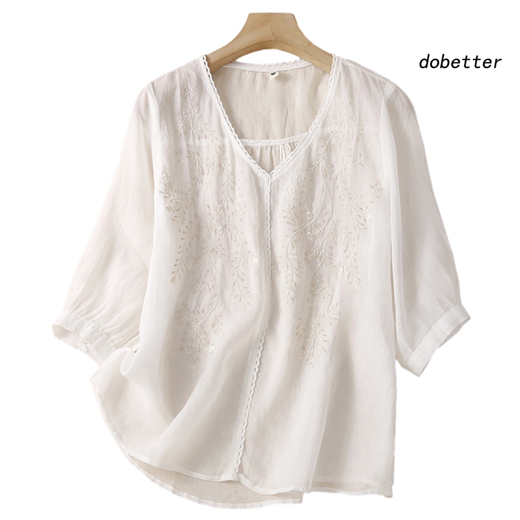 Áo Thun Nữ Tay Lửng Cổ Chữ V Màu Trơn Thêu Hoa Thời Trang