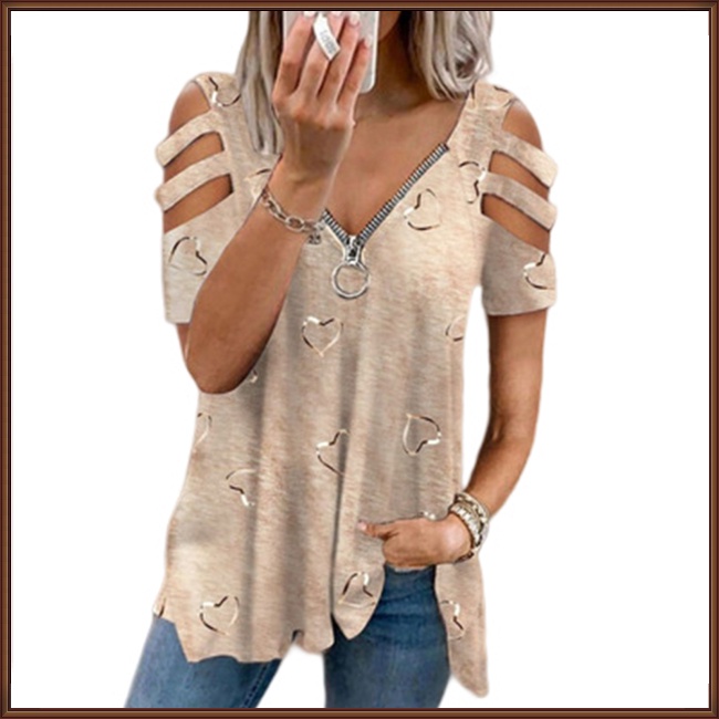 Áo Thun Tay Ngắn Cổ Chữ V Dáng Rộng Có Khóa Kéo In Họa Tiết Tinh Tế Thời Trang Cho Nữ