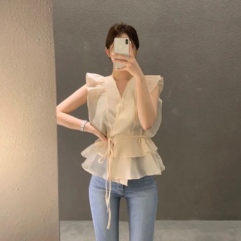 Áo Sơ Mi Cổ Chữ V Không Tay Phối Bèo Thời Trang Mùa Hè Hàn Quốc 2023 Dành Cho Nữ