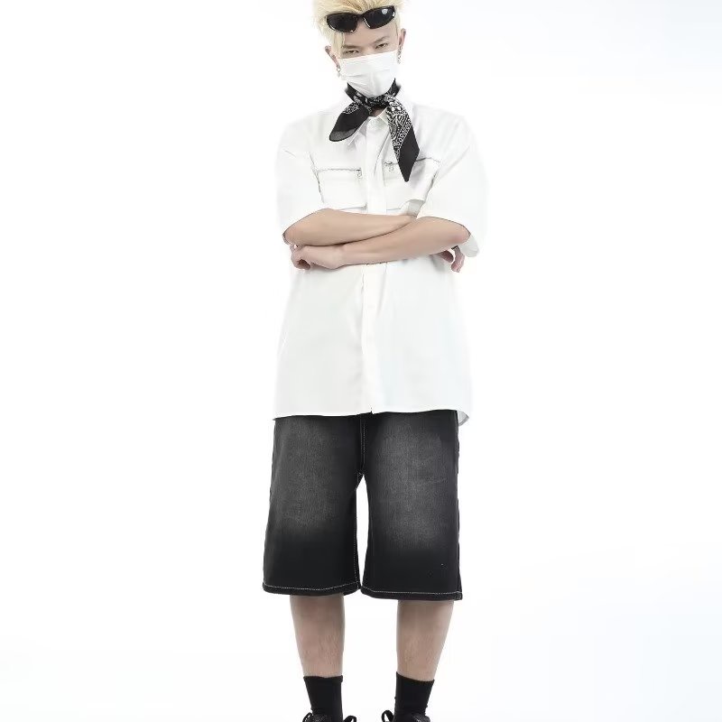 Áo Sơ Mi Ngắn Tay Dáng Rộng Phối Khóa Kéo Cá Tính Theo Phong Cách Đường Phố Mỹ Dành Cho Nam Và Nữ