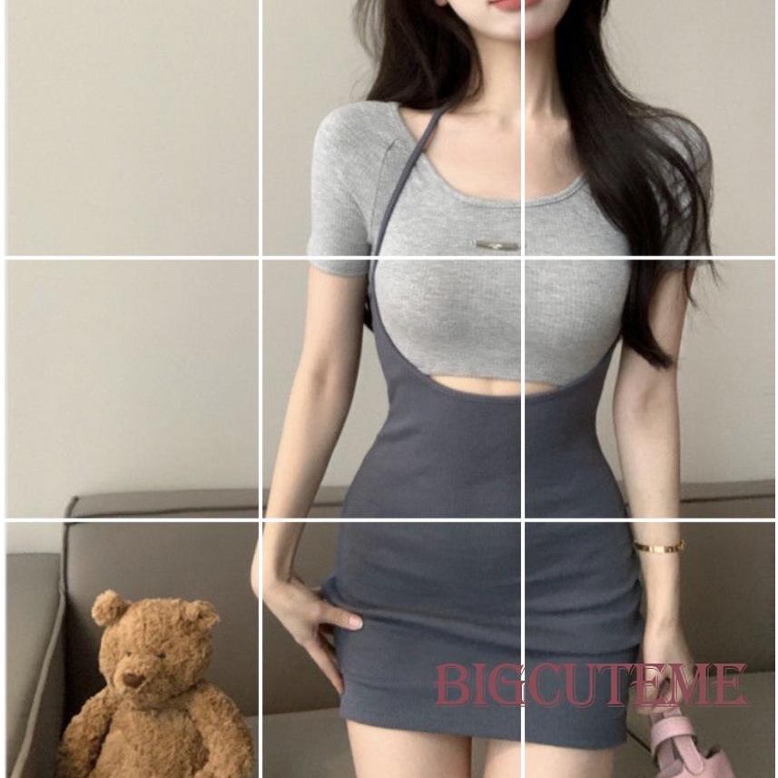 [] - Đầm Ngắn Tay Ôm Dáng Hở Lưng Phối Màu Tương Phản Thời Trang Mùa Hè Cho Nữ