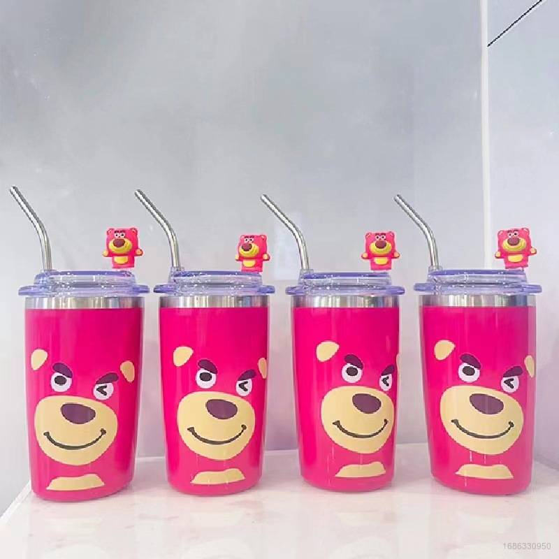 Sy2 Bình Nước Giữ Nhiệt Bằng Thép Không Gỉ 304 Cỡ Lớn Có Ống Hút Họa Tiết Gấu Dâu Tây Dễ Thương YS2