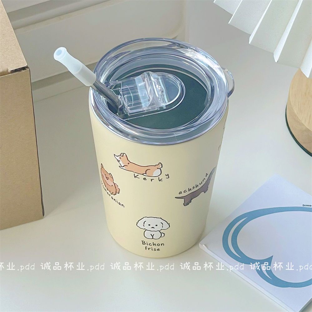 Bình Nước Giữ Nhiệt Chống Va Chạm Có Ống Hút In Hình Cún Con Dễ Thương