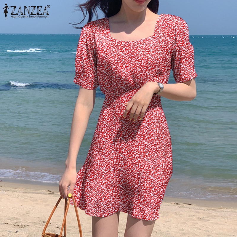 ZANZEA Đầm Tay Ngắn Phồng Cổ Vuông In Họa Tiết Hoa Phong Cách Hàn Quốc Thời Trang Cho Nữ