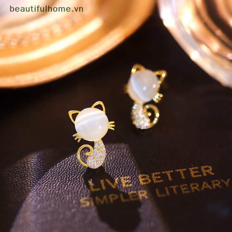 [beautifulhome] Khuyên Tai Hình Mèo Đính Đá Opal Giả Lấp Lánh Phong Cách Hàn Quốc Thời Trang Cho Nữ [beauty]