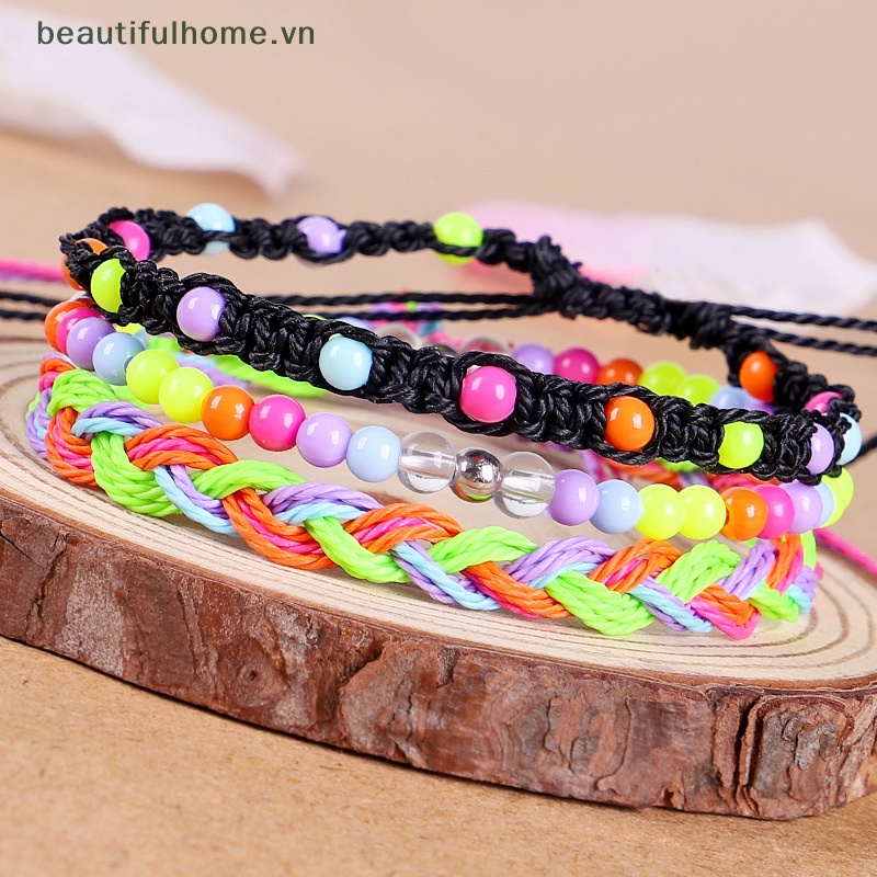 Bộ 3 Vòng Tay Dây Bện Xỏ Hạt Nhiều Màu Phong Cách Bohemian Thời Trang