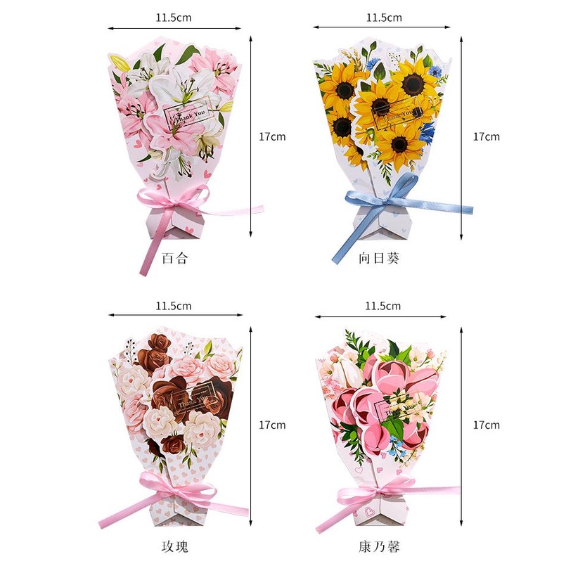 Thiệp Chúc Mừng Mạ Vàng 3D Hình Bó Hoa Thắt Nơ Xinh Xắn Thẻ